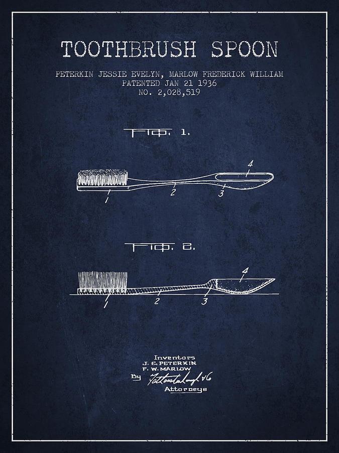 Vintage Digital Art - Toothbrush Spoon patent from 1936 - Navy Blue by Aged Pixel