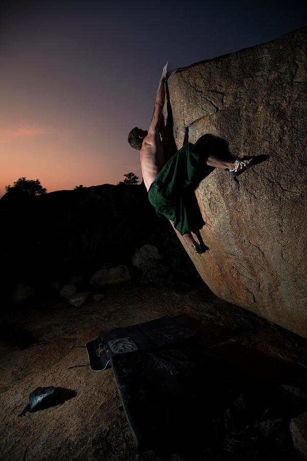 Sunset Photograph - Topless Caucasian Male Climber Slapping by Kaare Iverson