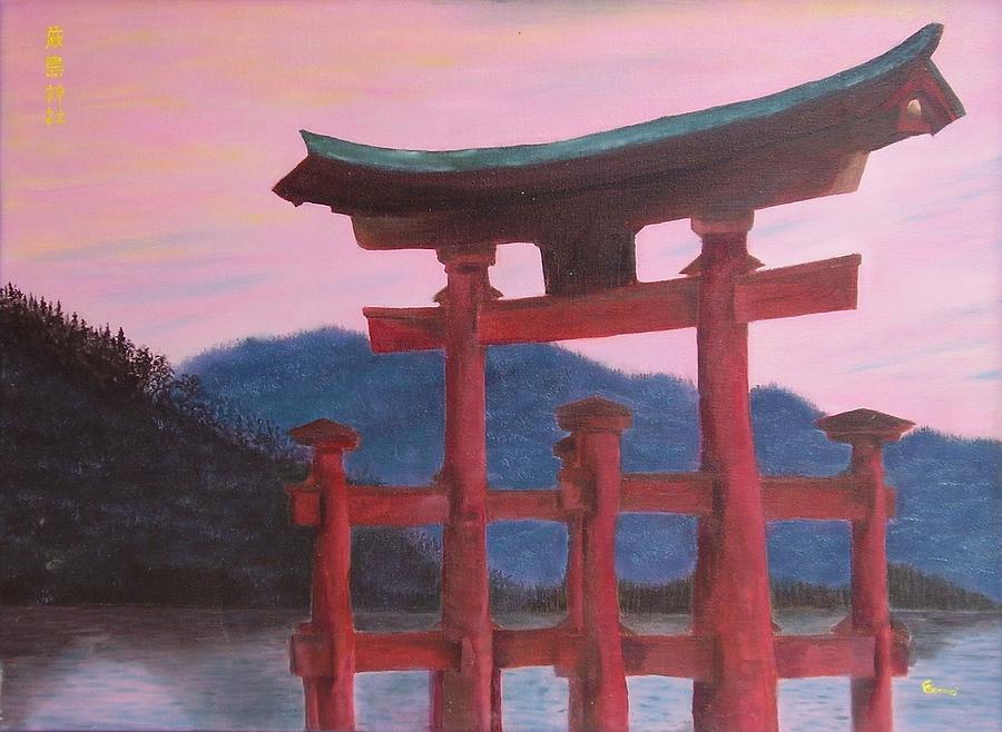 Torii on a pink sunset sky - Japanese landscape Painting by Gianluca ...