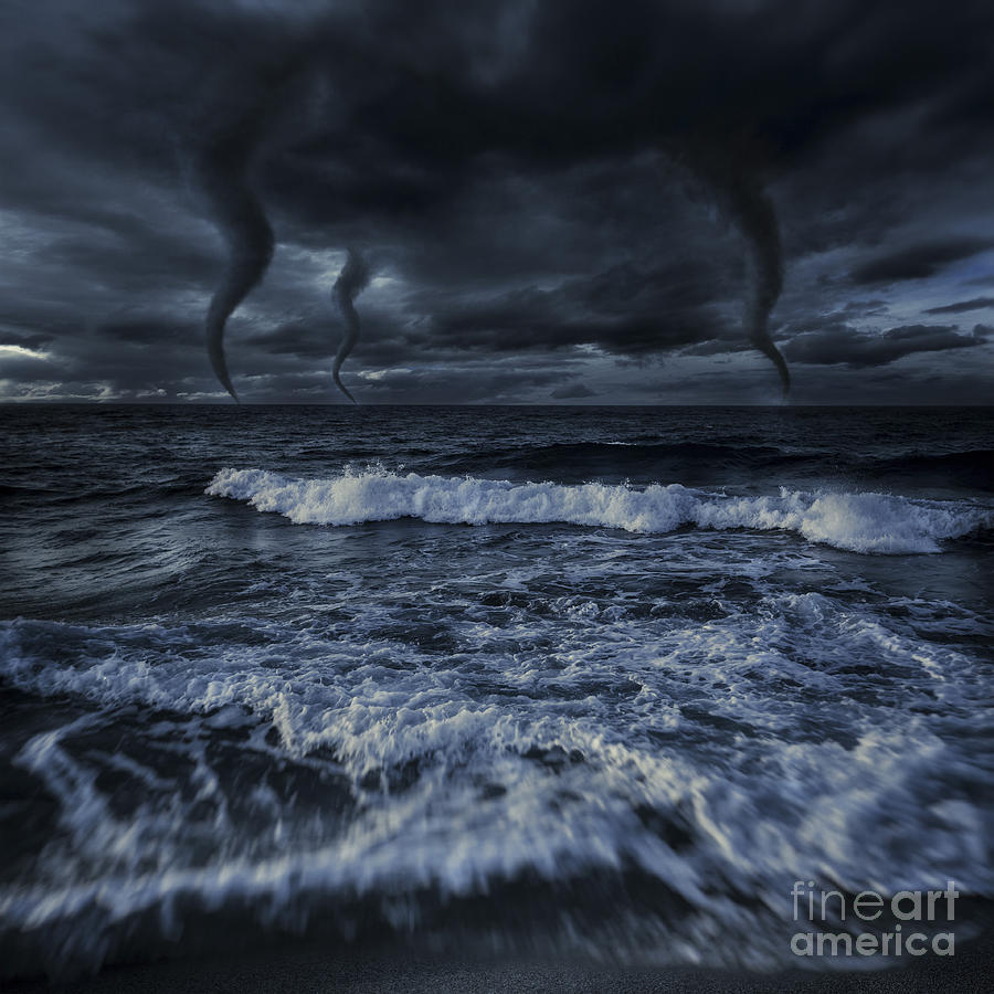 Tornados In A Rough Sea Against Stormy Photograph