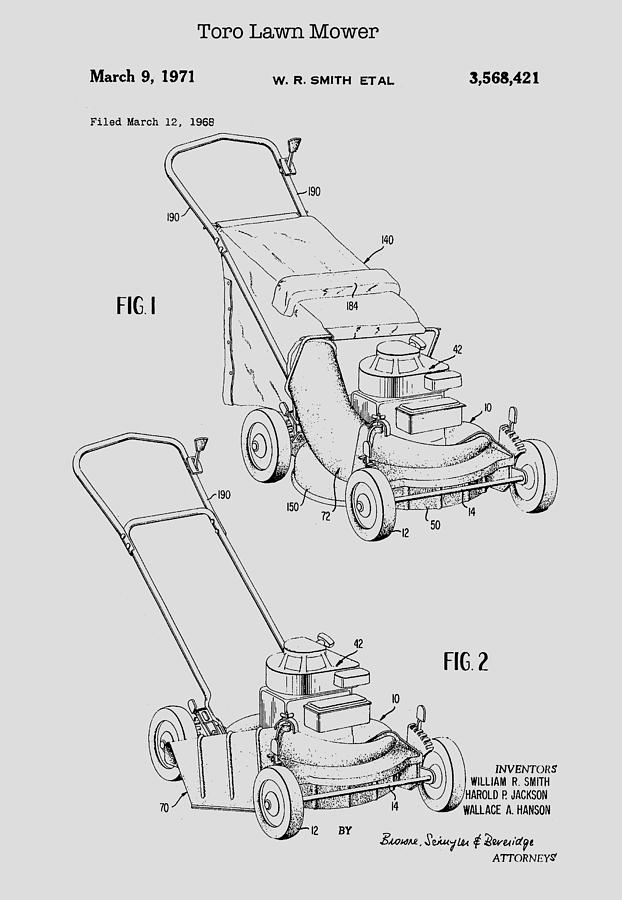 Vintage Drawing - Toro Lawn Mower Patent 1971 by Mountain Dreams