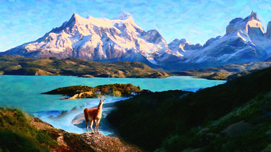 Torres del Paine National Park and the Llama Chile Painting by MotionAge Designs