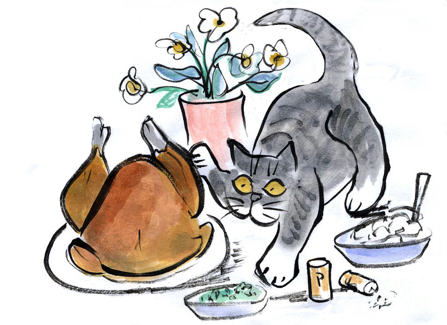 Touching the Turkey - Bad Kitty Painting by Ellen Miffitt