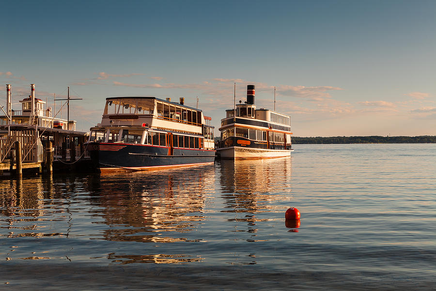 Sunset Photograph - Tour Boats Lake Geneva WI by Steve Gadomski
