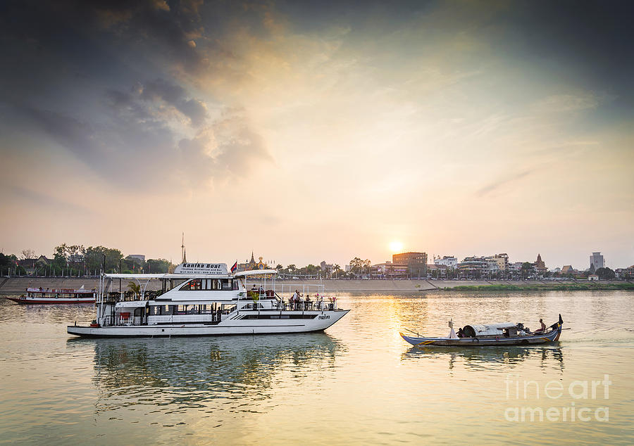 Tourist Boat On Sunset Cruise In Phnom Penh Cambodia River Photograph by JM Travel Photography