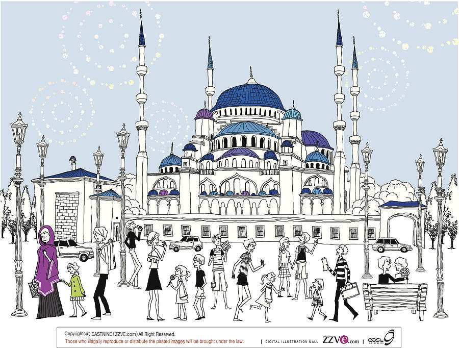 Tourist by blue mosque Drawing by Eastnine Inc.