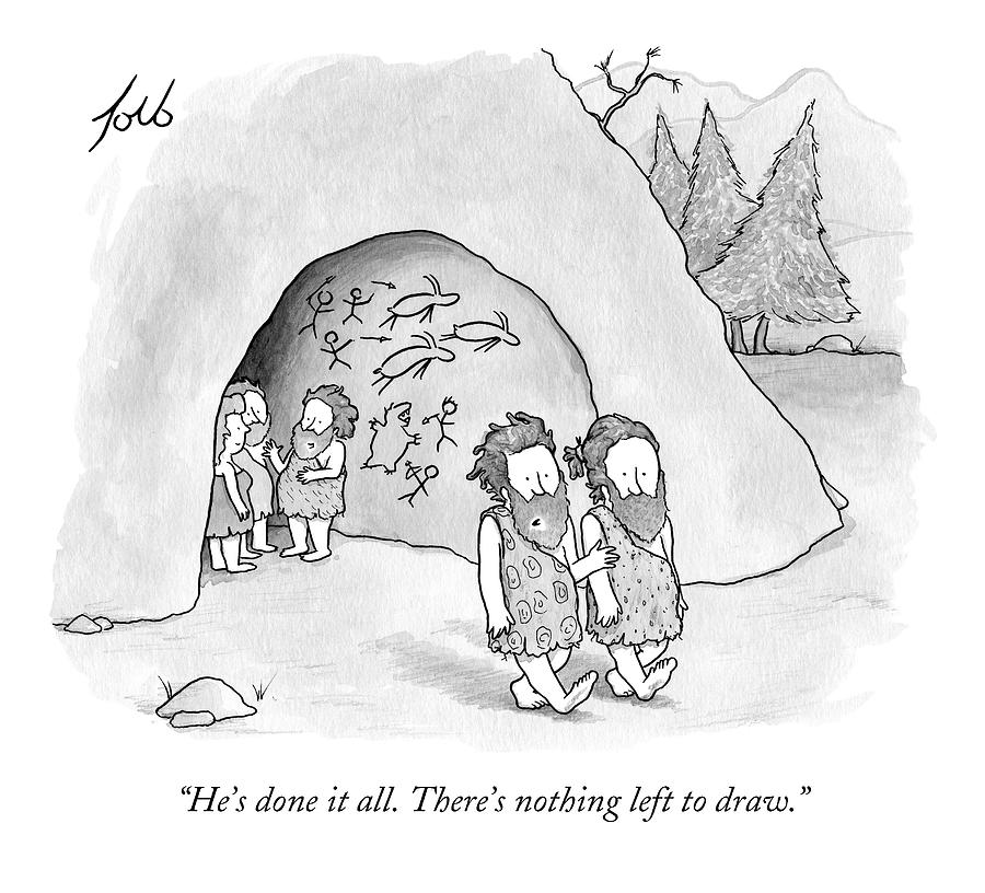 Tow Cavemen Walk Out Of A Cave With Drawings by Tom Toro