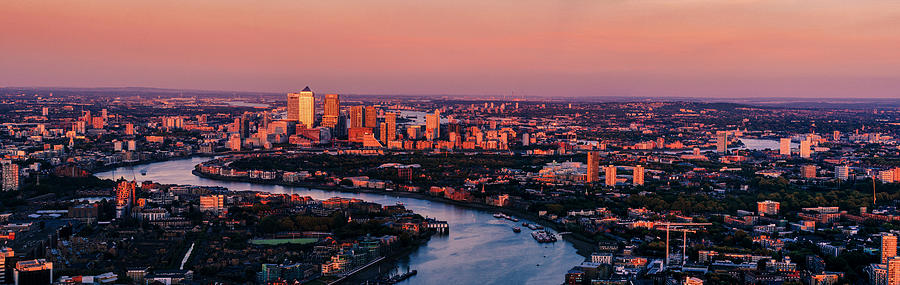 Panoramic Photograph - Tower Bridge, Canary Wharf At Sunset by Doug Armand Panoramic Photograph - Tower Bridge, Canary Wharf At Sunset by Doug Armand
