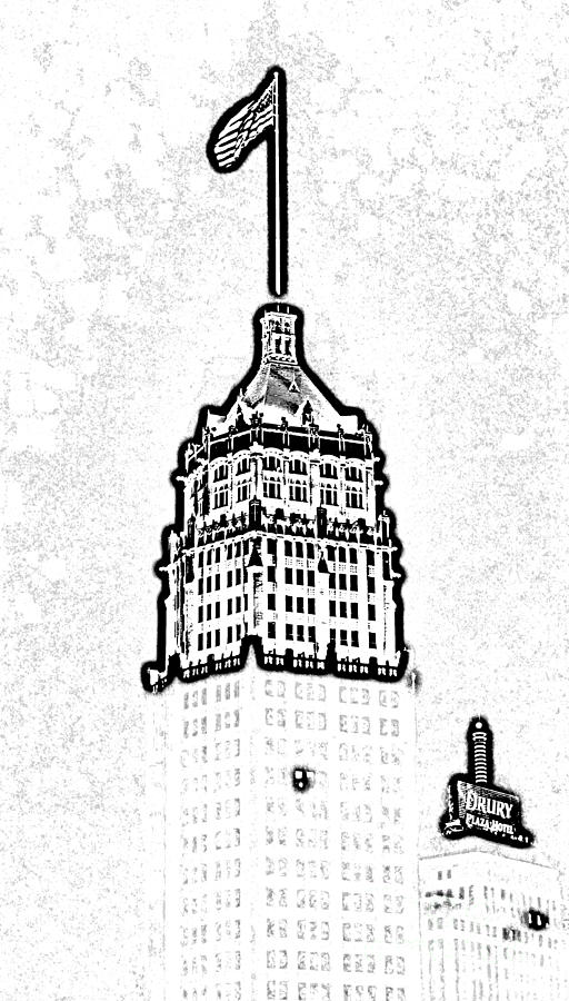 Tower Life Building San Antonio Texas Night Skyline Black and White Digital Art Digital Art by Shawn OBrien