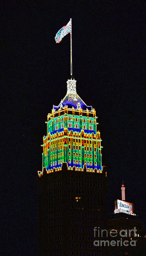 Tower Life Building San Antonio Texas Night Skyline Glowing Edges Digital Art Digital Art by Shawn OBrien