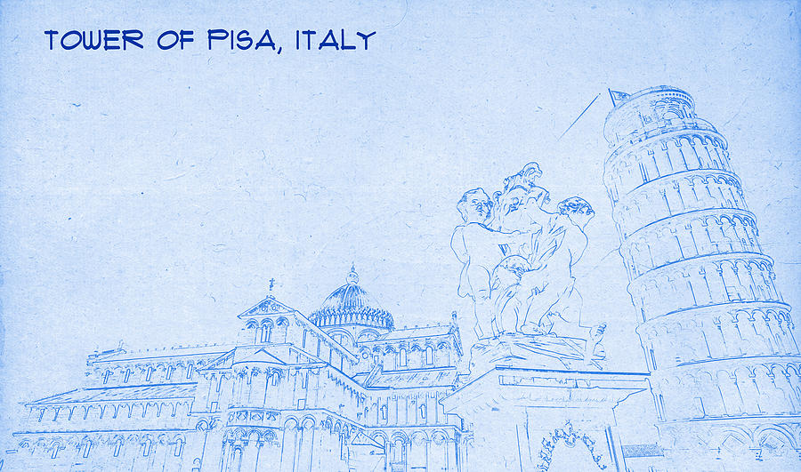 Tower of Pisa Italy  - BluePrint Drawing Digital Art by MotionAge Designs