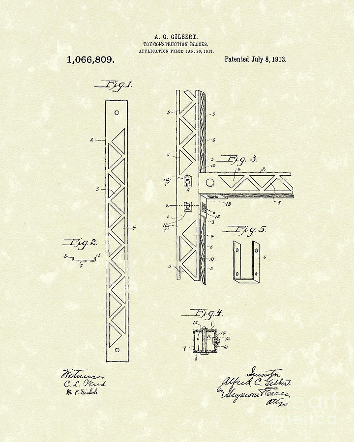Toy Blocks 1913 Patent Art Drawing by Prior Art Design