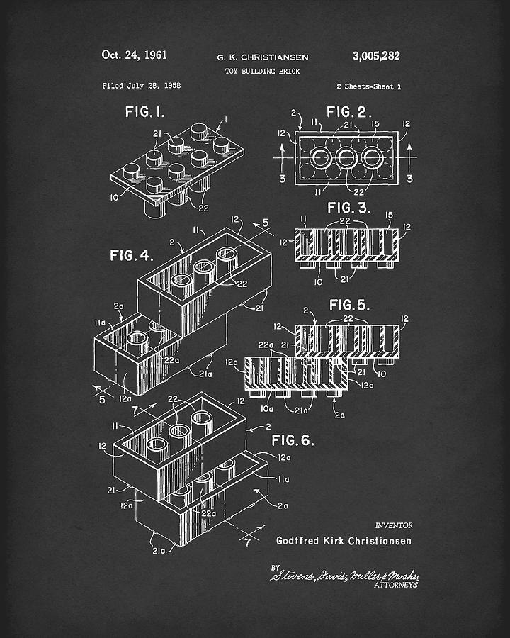 Toy Building Brick 1961 Patent Art Black Drawing by Prior Art Design