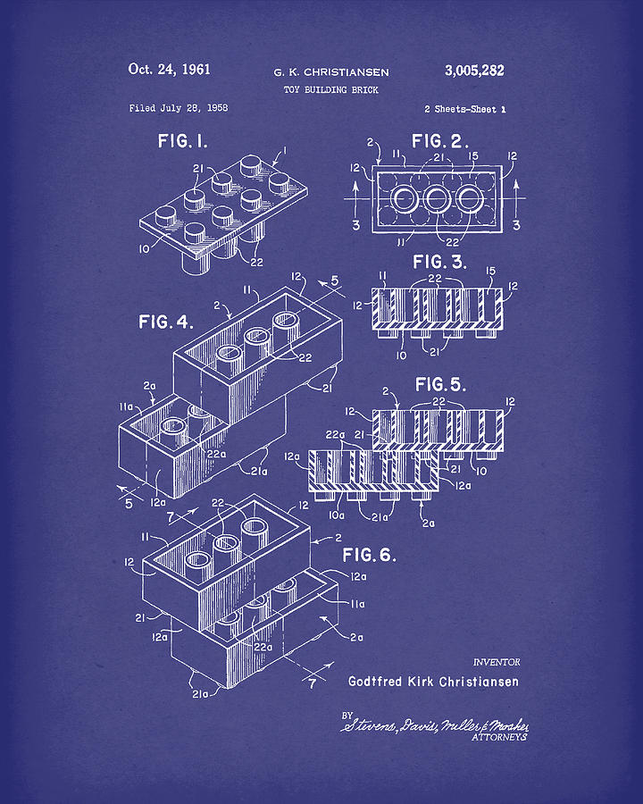 Toy Building Brick 1961 Patent Art Blue Drawing by Prior Art Design