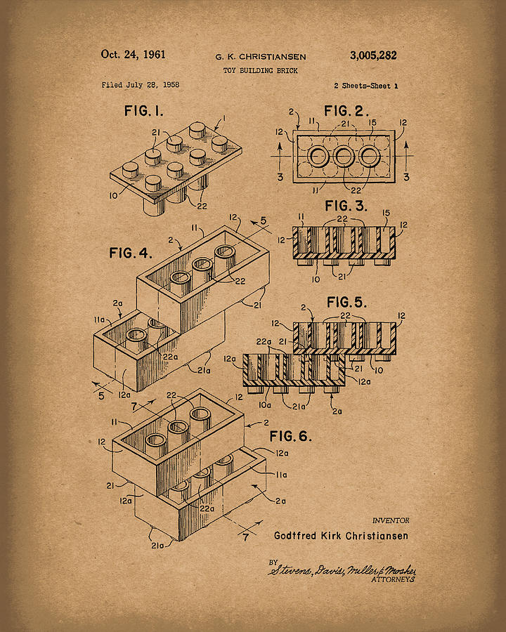Toy Building Brick 1961 Patent Art Brown Drawing by Prior Art Design