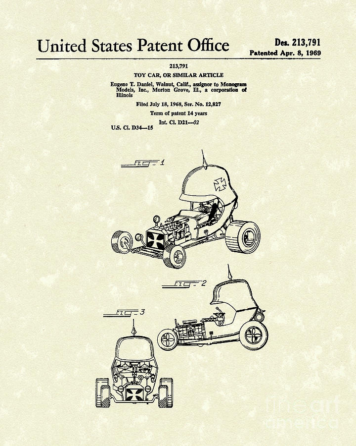 Toy Car 1969 Patent Art Drawing by Prior Art Design