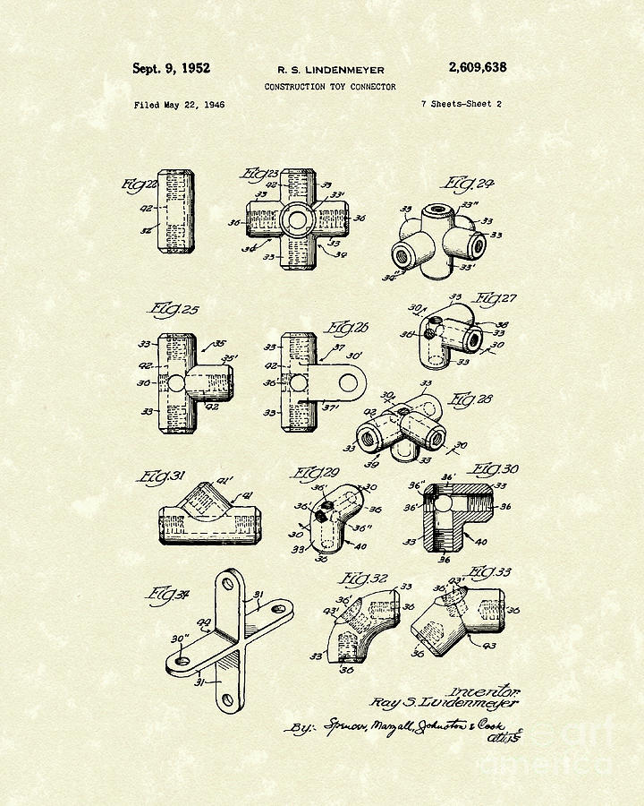 Toy Connector 1952 Patent Art Drawing by Prior Art Design