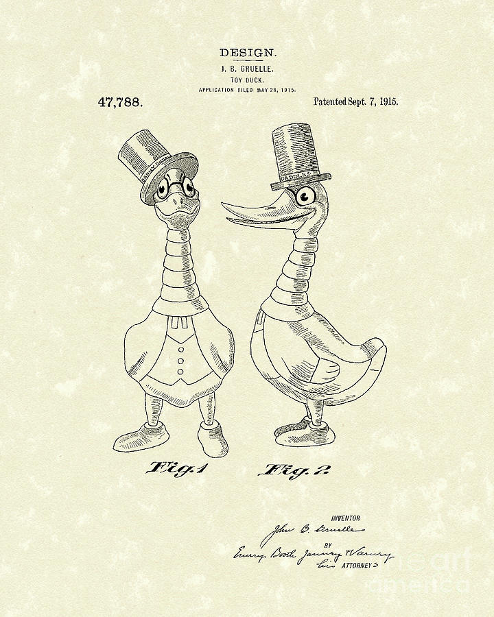 Toy Duck 1915 Patent Art Drawing by Prior Art Design