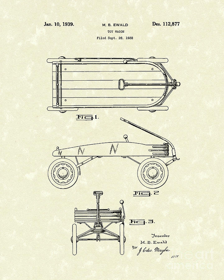 Toy Wagon 1939 Patent Art Drawing by Prior Art Design