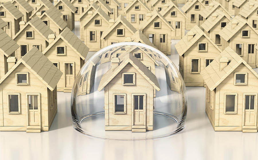 Toy wooden miniature houses, one under glass dome Photograph by Dimitri Otis