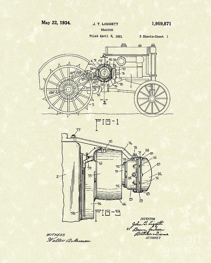 1934 Drawing - Tractor 1934 Patent Art by Prior Art Design