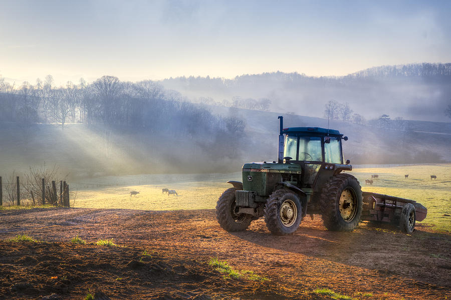 Barn Photograph - Tractor in the Fog by Debra and Dave Vanderlaan