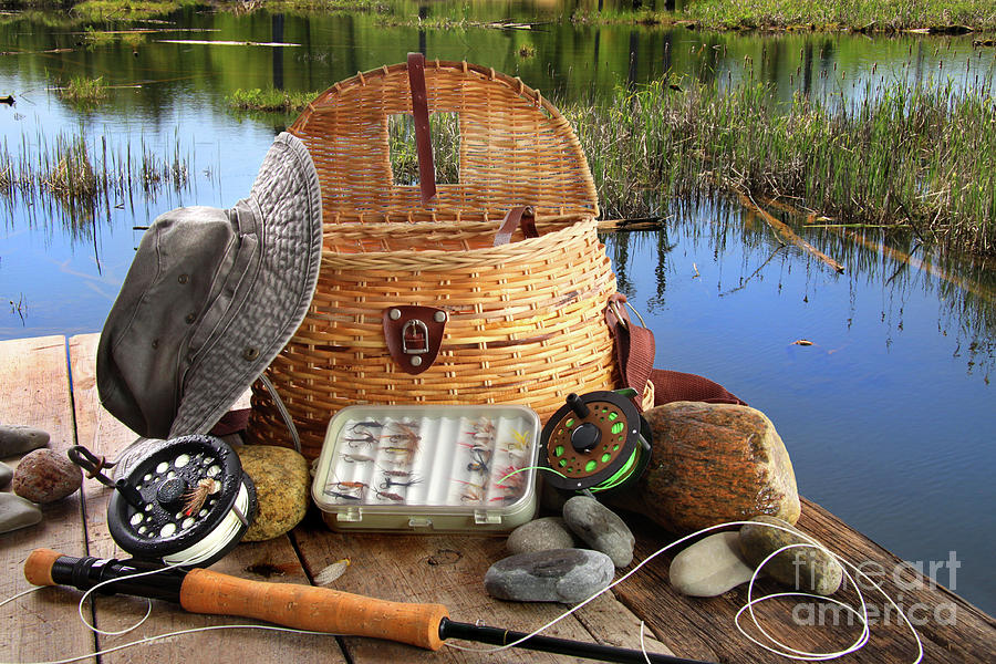 Bass Photograph - Traditional fly-fishing rod with equipment  by Sandra Cunningham