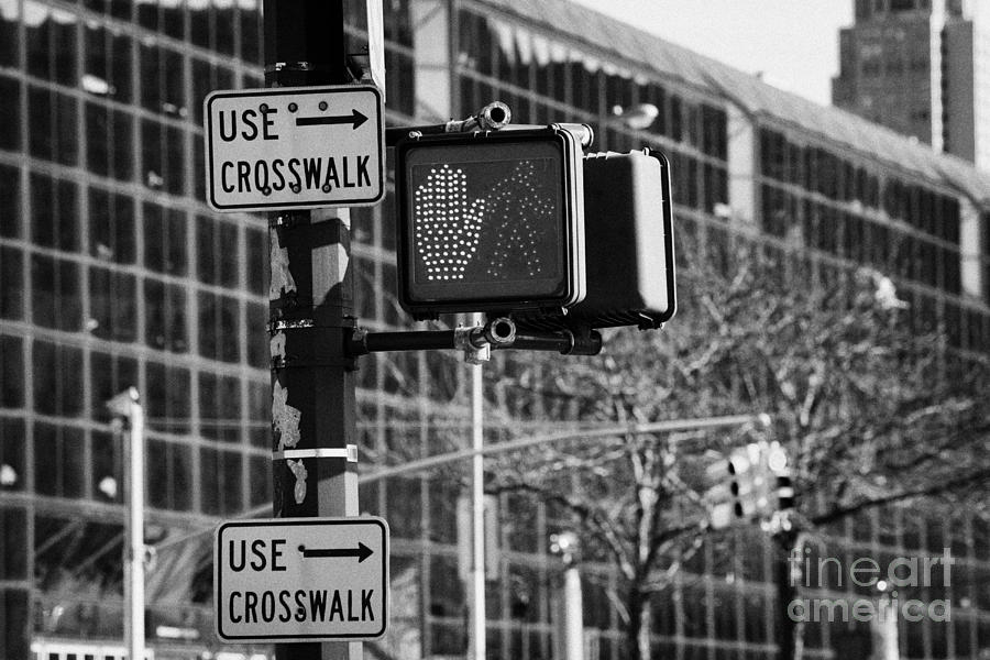 Winter Photograph - Traffic Lights And Red Hand Stop Signal And Use Crosswalk Signs Intersection New York City by Joe Fox