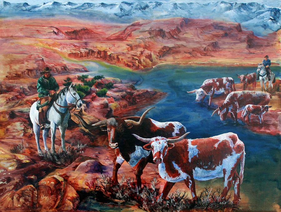 Cow Painting - Trail Drive by Sherry Shipley