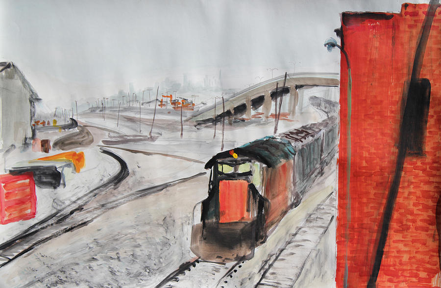 Train and Brick Wall with San Francisco Skyline Painting by Asha Carolyn Young