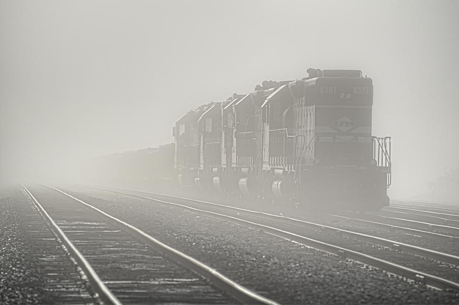 Train Photograph - Train in morning fog by Jim Pearson