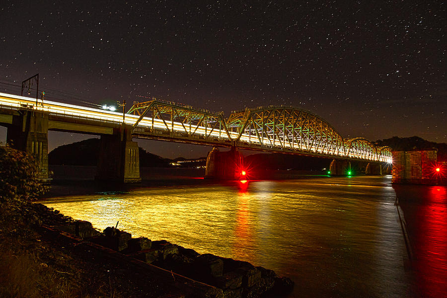 Bridge Photograph - Train lights in the night by Miroslava Jurcik