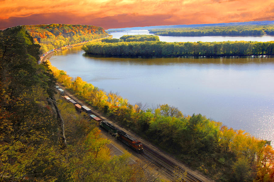 Train Mississippi River Sunset Photograph by Randall Branham