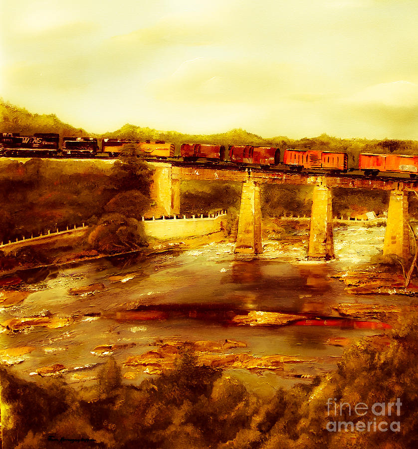 Train over Chattachoochee - Columbus Painting by Jan Dappen
