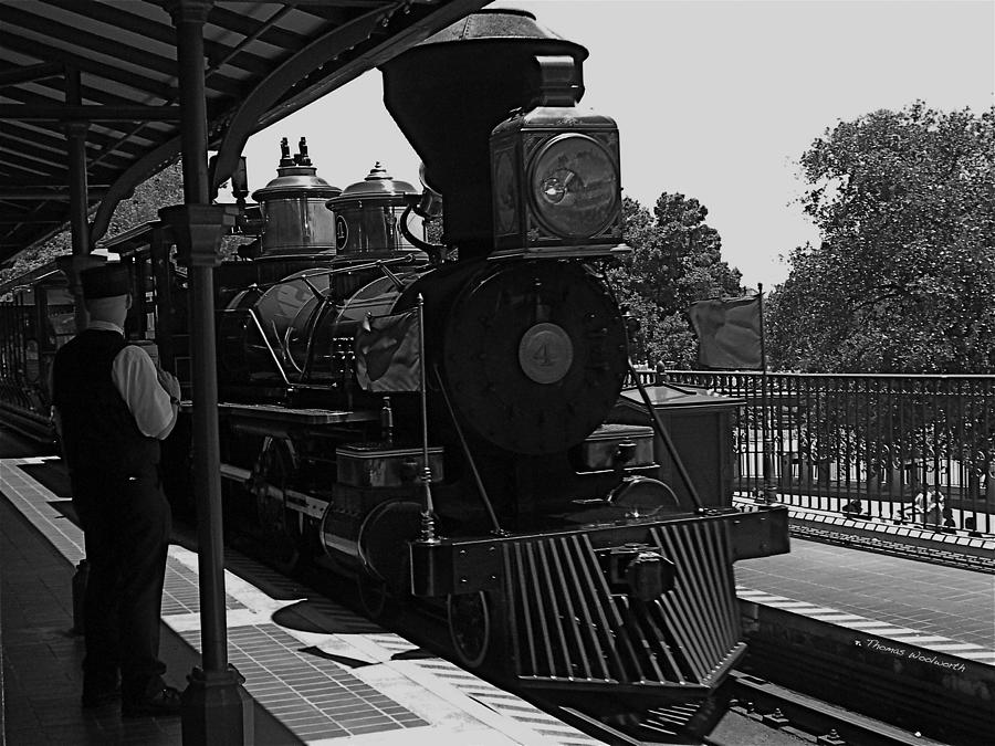 Black And White Photograph - Train Ride Magic Kingdom Black and White by Thomas Woolworth