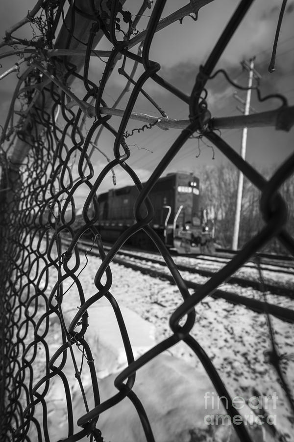 Winter Photograph - Train through the chain link fence by Edward Fielding