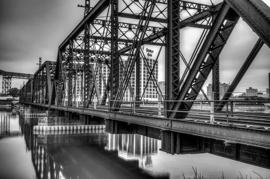 Train Tracks Over the Cedar River in Black and White Photograph by Anthony Doudt
