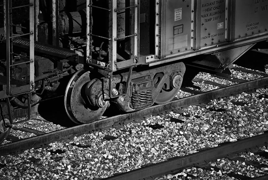 Train Wheels and Tracks b/w Photograph by Greg Jackson