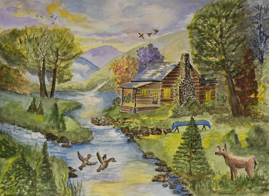 Tranquil Log Cabin Painting by Linda Brody