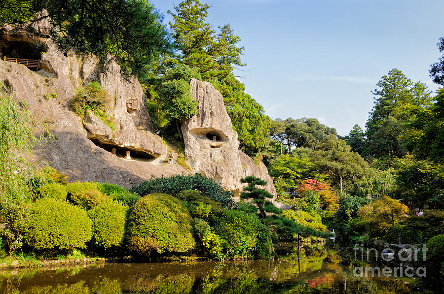 Japanese Photograph - Tranquil Temple - Pond And Cliffside Caves by David Hill Japanese Photograph - Tranquil Temple - Pond And Cliffside Caves by David Hill