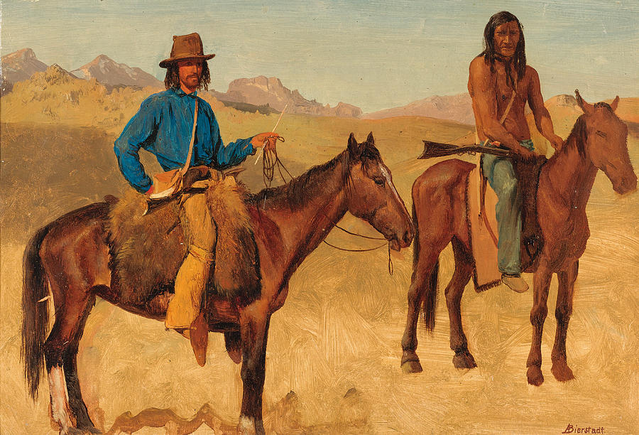 Trapper and Indian Guide on Horseback Painting by Albert Bierstadt