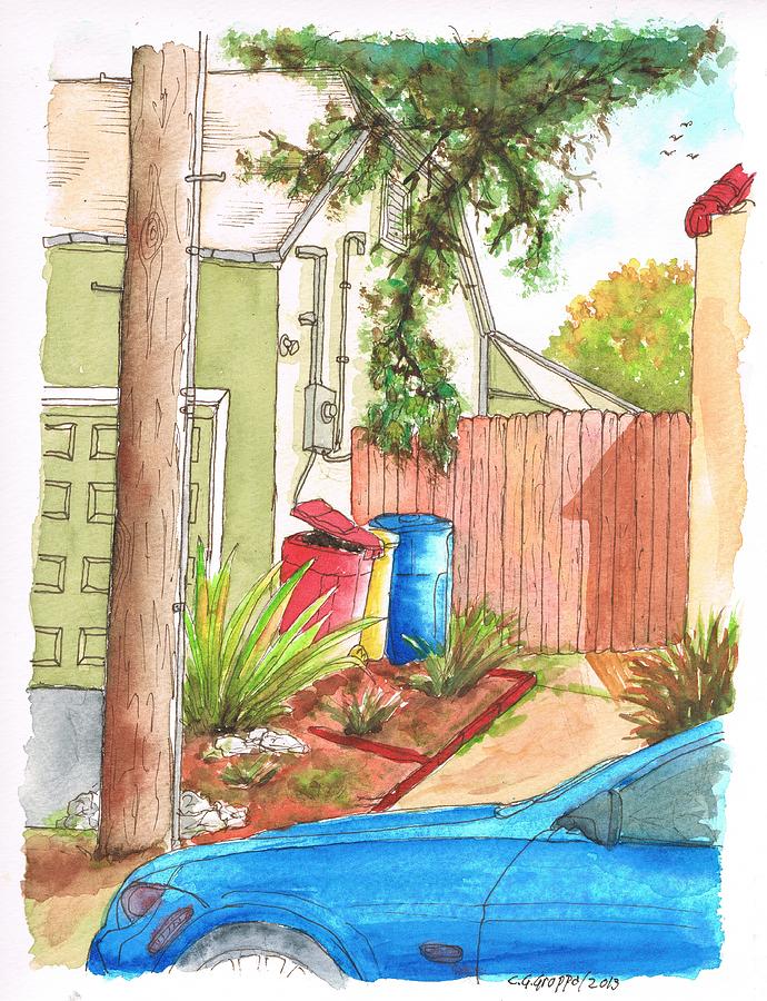 Trash cans and a brown fence in West Hollywood - California Painting by Carlos G Groppa