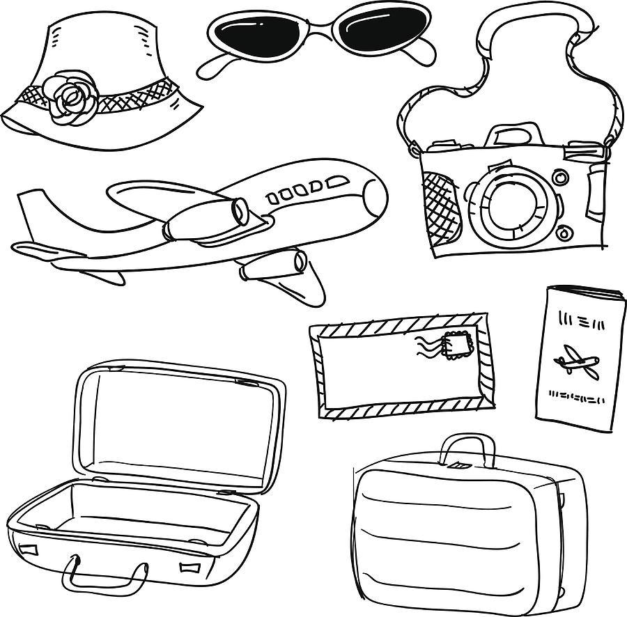 Travel items in black and white Drawing by LokFung