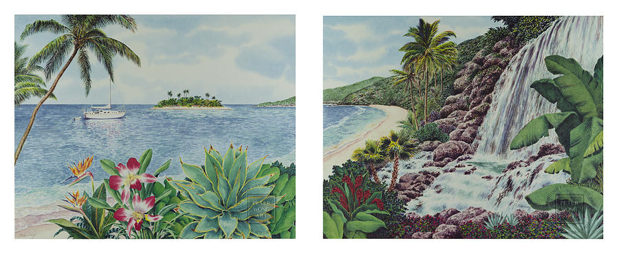 Waterfall Painting - Treasured Island - Diptych by Peter Wong