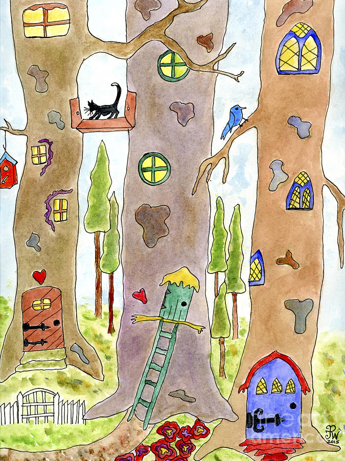 Tree house village Painting by Paula Joy Welter