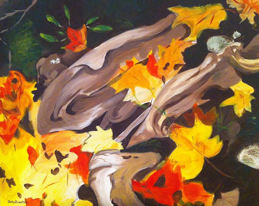 Tree Roots and Autumn Leaves Painting by Judy Swerlick