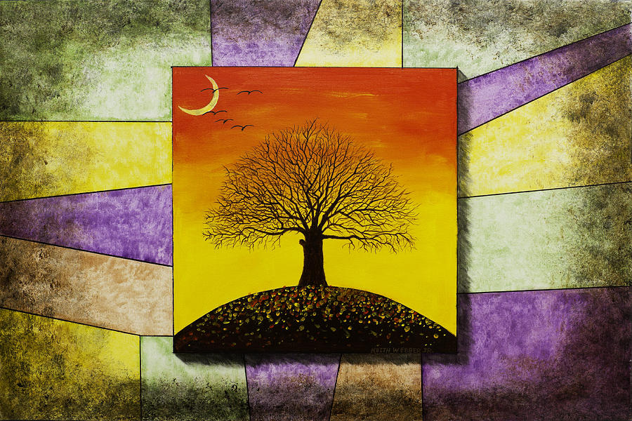 Tree Silhouette And Crescent Moon At Sunset Painting Painting by Keith Webber Jr