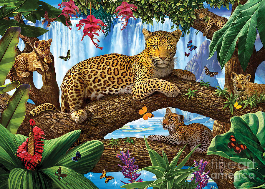 Animal Digital Art - Tree Top Leopard family by MGL Meiklejohn Graphics Licensing
