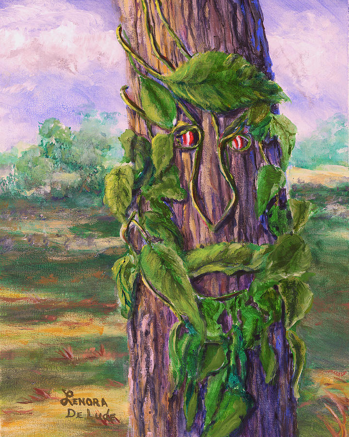 Tree with a Leaf Face Landscape Art Painting by Lenora  De Lude
