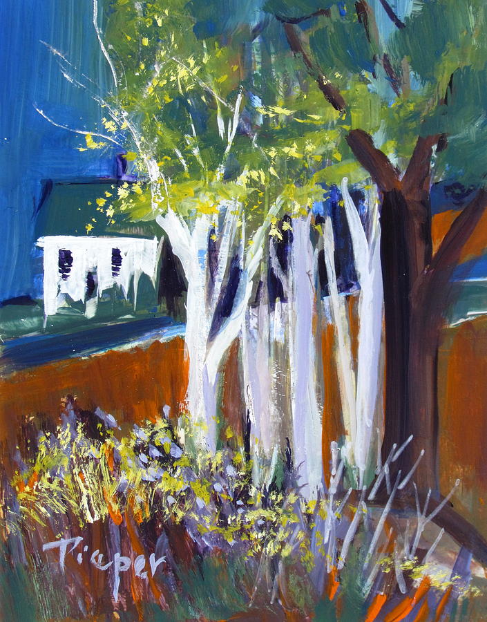 Trees and White Farm House Painting by Betty Pieper